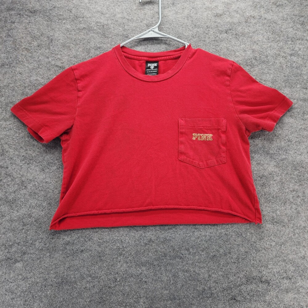PINK Victoria Secret Shirt Womens XS Short Sleeve Red Pocket Cropped
